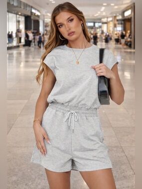Gray Lounge Set Romper Shorts Outfit Soft Drawstring Casual Comfy Chic